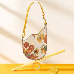 Women Bag Wave Saddle Bag Oil Painting Series Sunflower Splicing Armpit