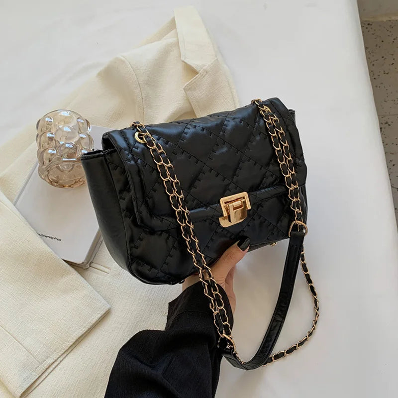 Metal Lock Shoulder Bag Pu Leather Crossbody Handbag