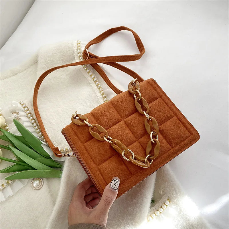 Flannel Small Square Crossbody Bag Chain Handle Handbag