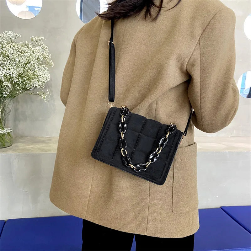 Flannel Small Square Crossbody Bag Chain Handle Handbag