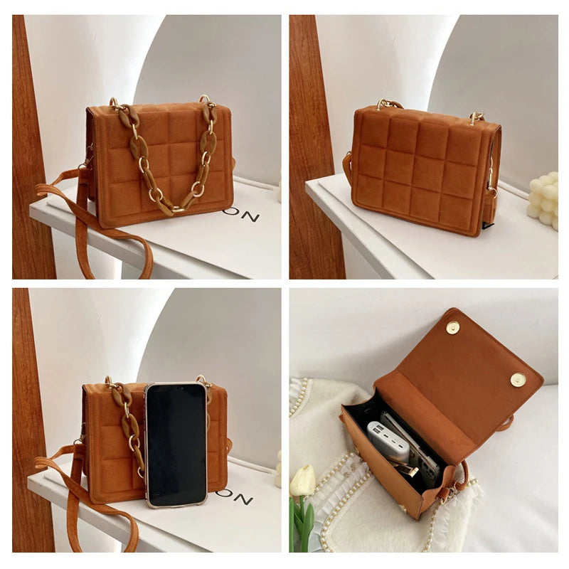 Flannel Small Square Crossbody Bag Chain Handle Handbag