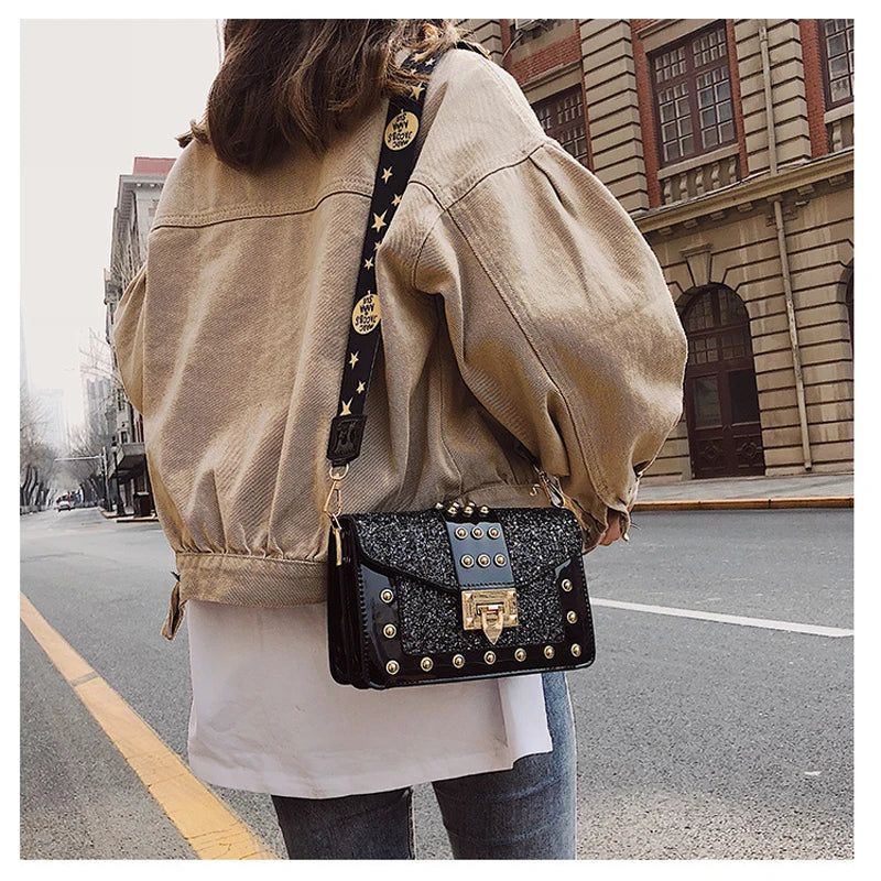 Sequin Rivet Shoulder Strap Square Bag