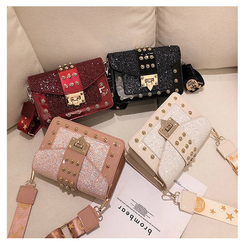 Sequin Rivet Shoulder Strap Square Bag