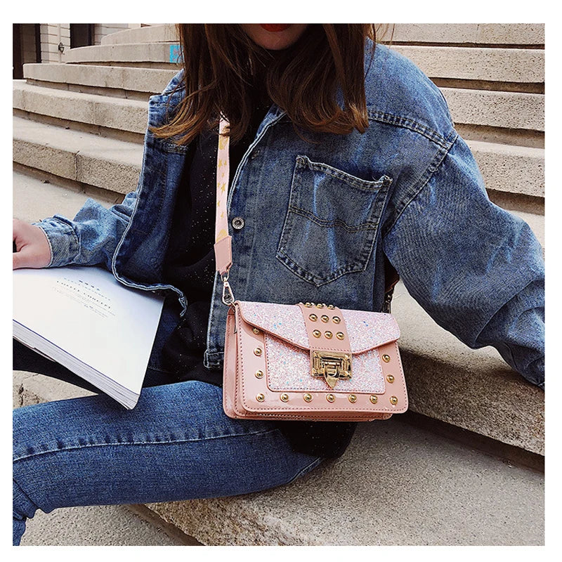 Sequin Rivet Shoulder Strap Square Bag