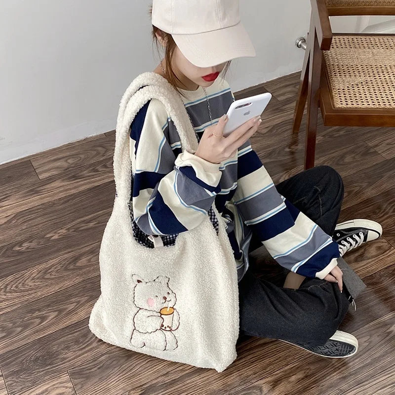 Plush Shoulder Tote Bag Winter Handbag Fur Shopping Handbag