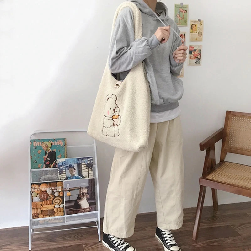 Plush Shoulder Tote Bag Winter Handbag Fur Shopping Handbag