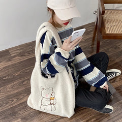 Plush Shoulder Tote Bag Winter Handbag Fur Shopping Handbag