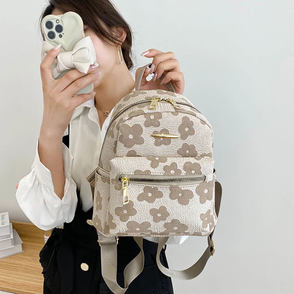 Flower Print Small Canvas Backpack for Girls