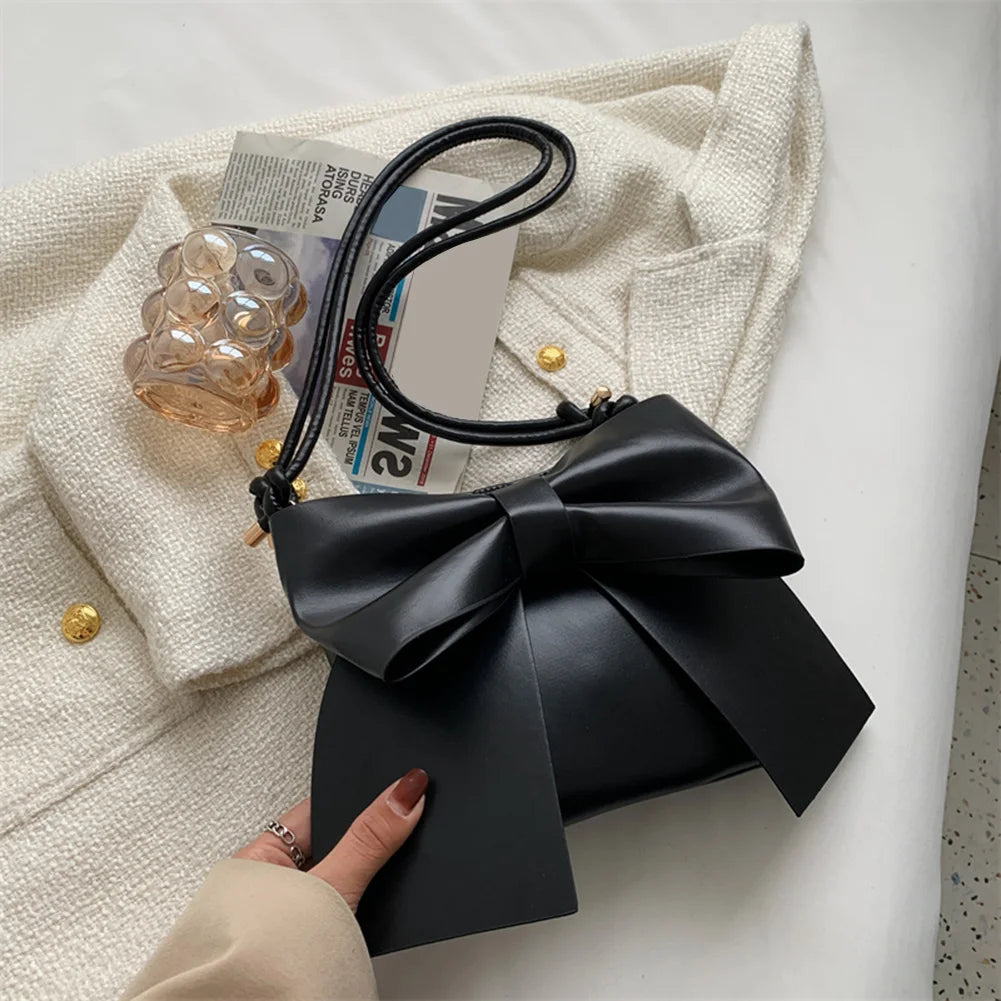 Vintage PU Leather Top-Handle Bags with Big Bow Totes