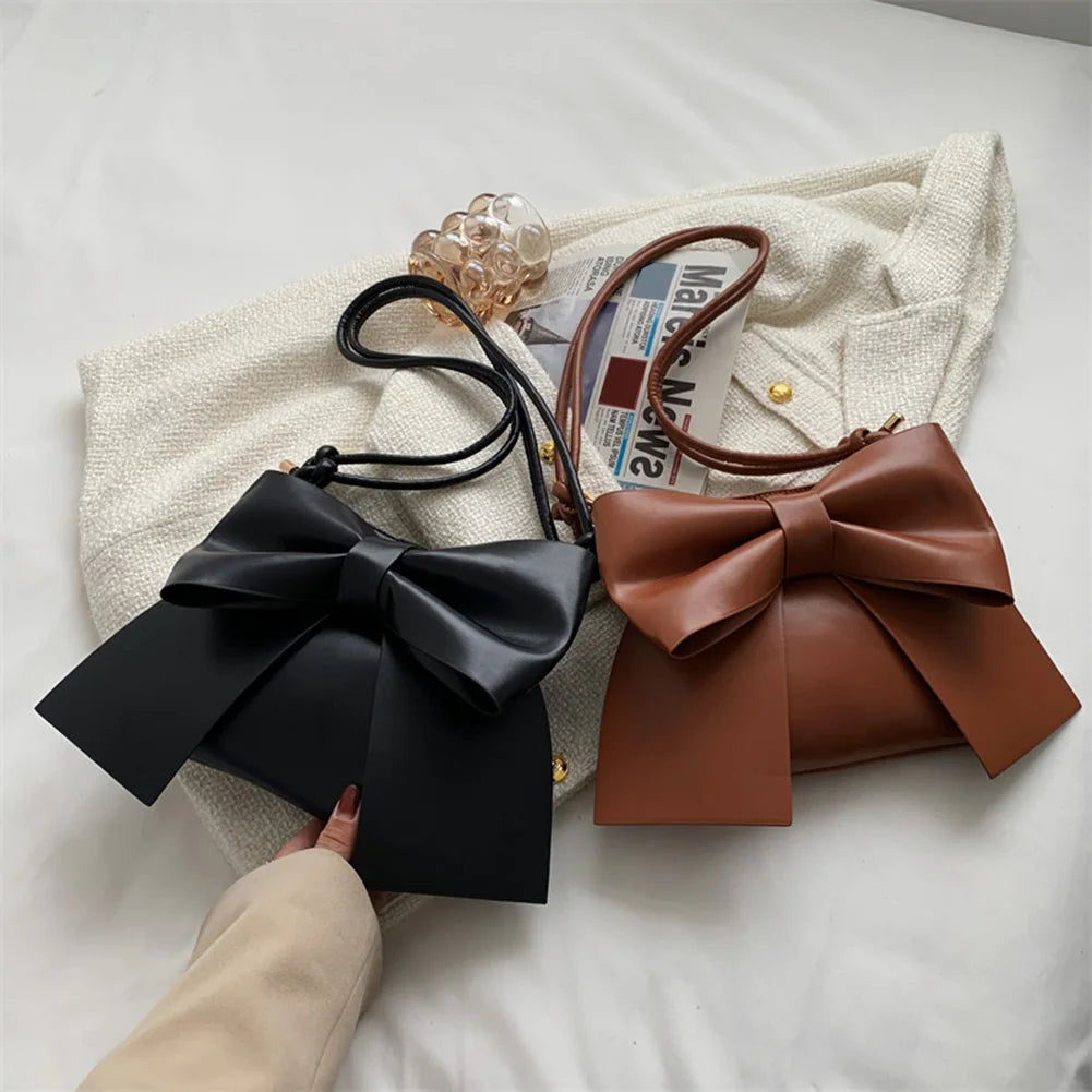 Vintage PU Leather Top-Handle Bags with Big Bow Totes