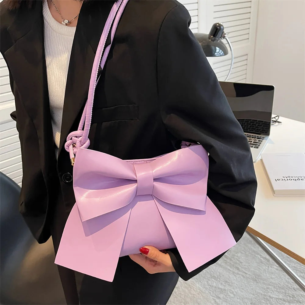 Vintage PU Leather Top-Handle Bags with Big Bow Totes