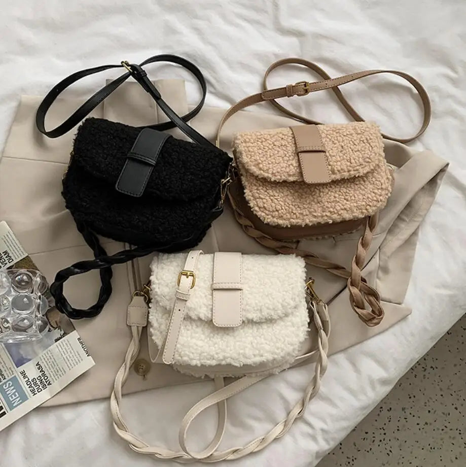 Plush Fur Shoulder Bag Women's Handbag Winter Messenger Saddle Armp