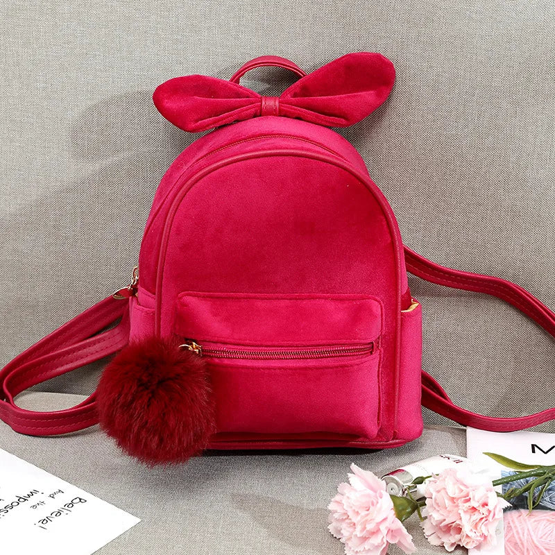 Kids Backpack Plush Bowknot Solid Schoolbag Girls Mini Cartoon Knapsack