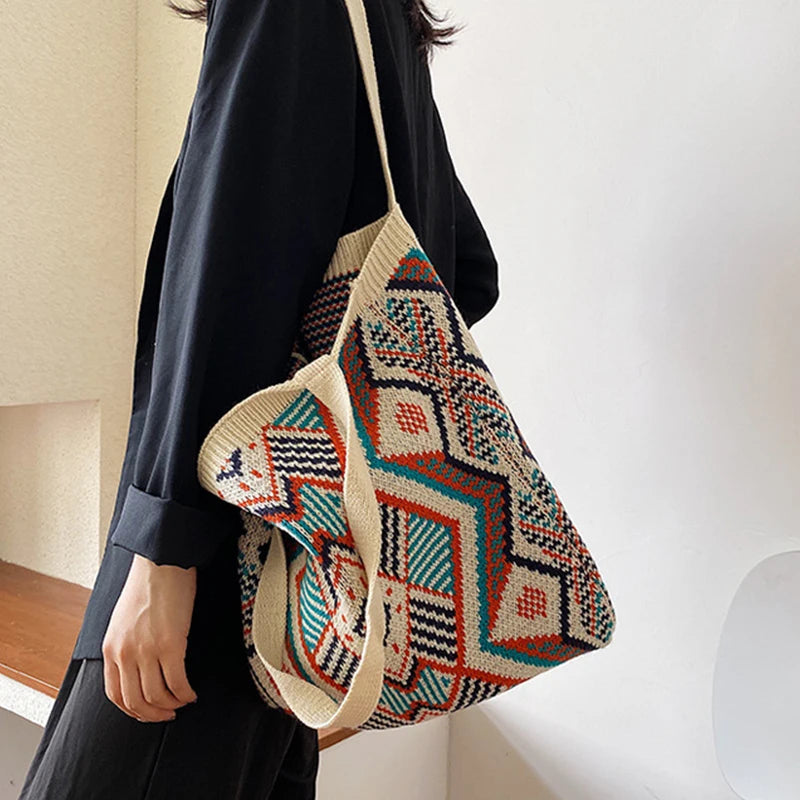 Geometric Patterns Shoulder Bag Large Capacity Handle Woven Pouch Tote