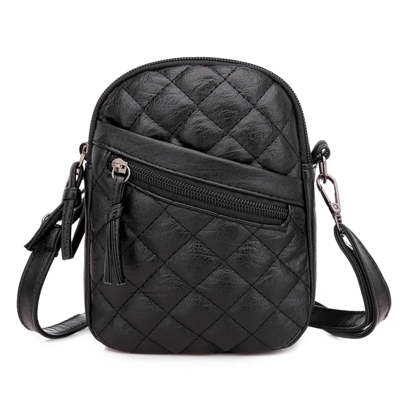 Ladies Soft Leather Shoulder Bag Diamond Multi-layer Retro Mobile Phone Bags