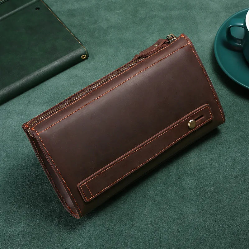 Men's Leather Clutch Double Zipper Long Wallet