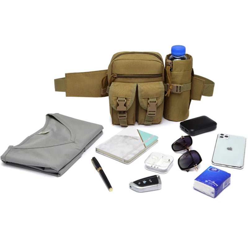 Men Tactical Water Bottle Waist Bag - Waterproof Molle Hiking Climbing Nylon Pac