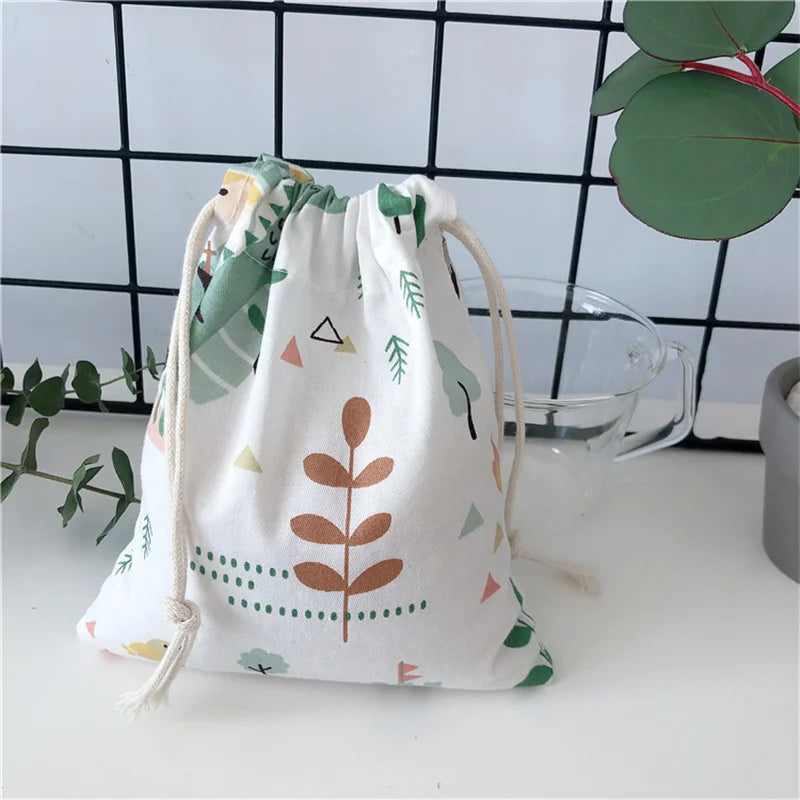 Print Cotton Drawstring Bag Small Size Storage Christmas Gift