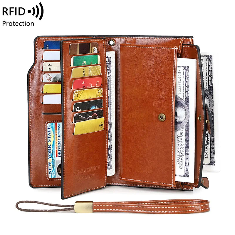 RFID Anti-Theft Unisex Wallet Oil Wax Leather Retro Wallet Large Capacity Clutch