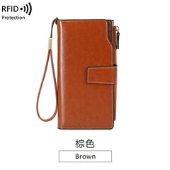 RFID Anti-Theft Unisex Wallet Oil Wax Leather Retro Wallet Large Capacity Clutch