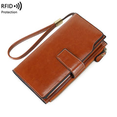 RFID Anti-Theft Unisex Wallet Oil Wax Leather Retro Wallet Large Capacity Clutch