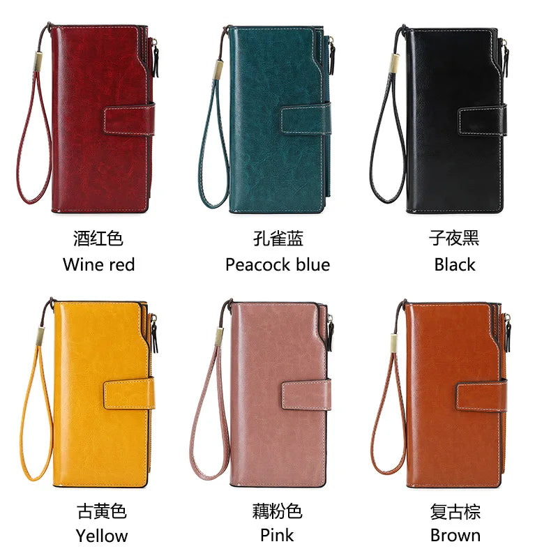 RFID Anti-Theft Unisex Wallet Oil Wax Leather Retro Wallet Large Capacity Clutch