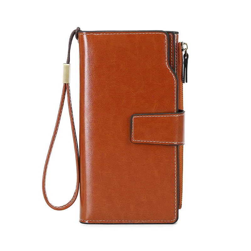 RFID Anti-Theft Unisex Wallet Oil Wax Leather Retro Wallet Large Capacity Clutch