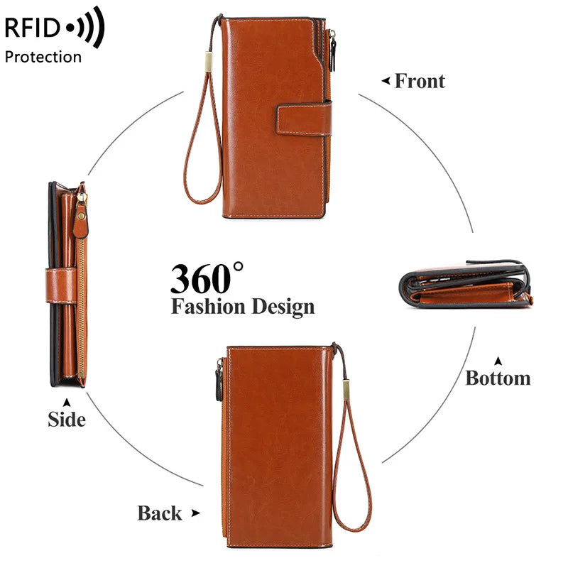 RFID Anti-Theft Unisex Wallet Oil Wax Leather Retro Wallet Large Capacity Clutch