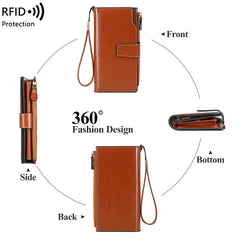 RFID Anti-Theft Unisex Wallet Oil Wax Leather Retro Wallet Large Capacity Clutch