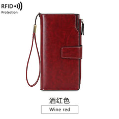 RFID Anti-Theft Unisex Wallet Oil Wax Leather Retro Wallet Large Capacity Clutch