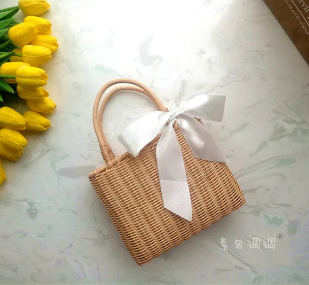 Rattan Handle Woven Bag Flowers Straw Bag Vacation Tote Beach Bag