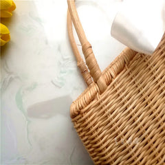 Rattan Handle Woven Bag Flowers Straw Bag Vacation Tote Beach Bag