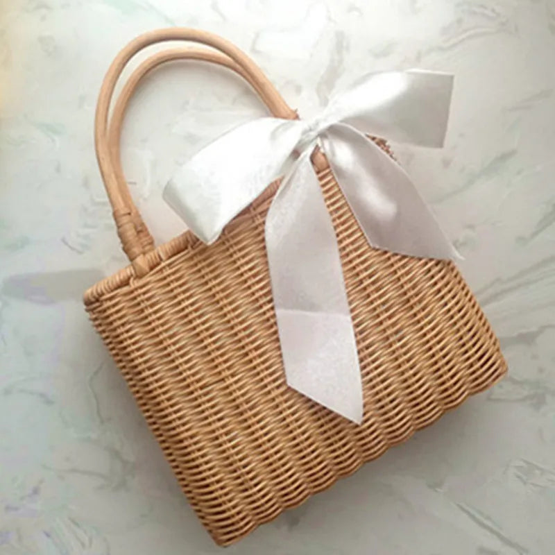 Rattan Handle Woven Bag Flowers Straw Bag Vacation Tote Beach Bag