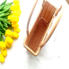 Rattan Handle Woven Bag Flowers Straw Bag Vacation Tote Beach Bag