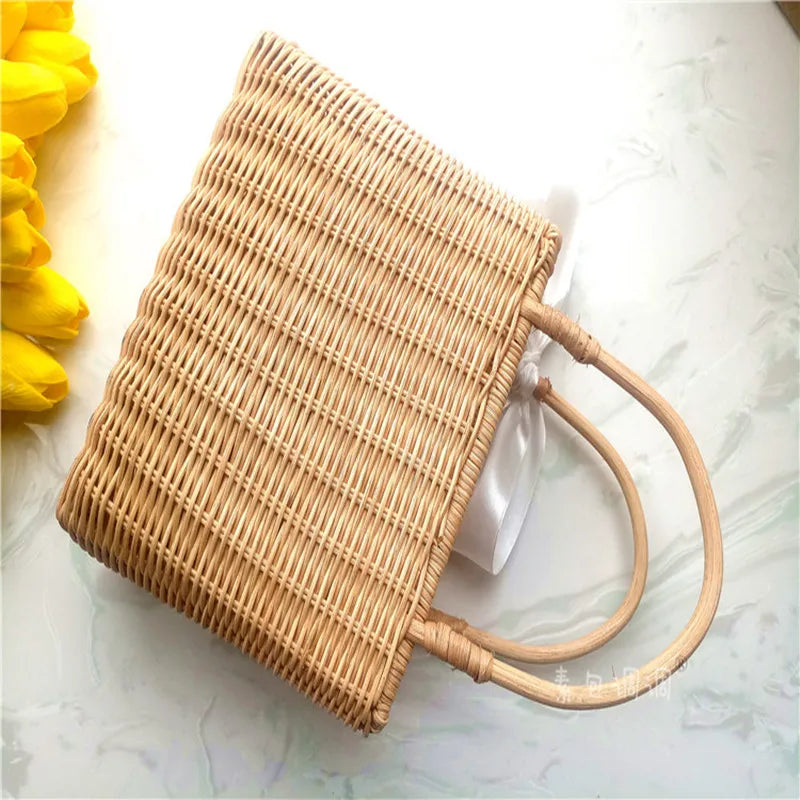 Rattan Handle Woven Bag Flowers Straw Bag Vacation Tote Beach Bag
