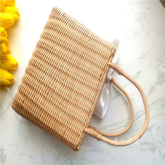 Rattan Handle Woven Bag Flowers Straw Bag Vacation Tote Beach Bag