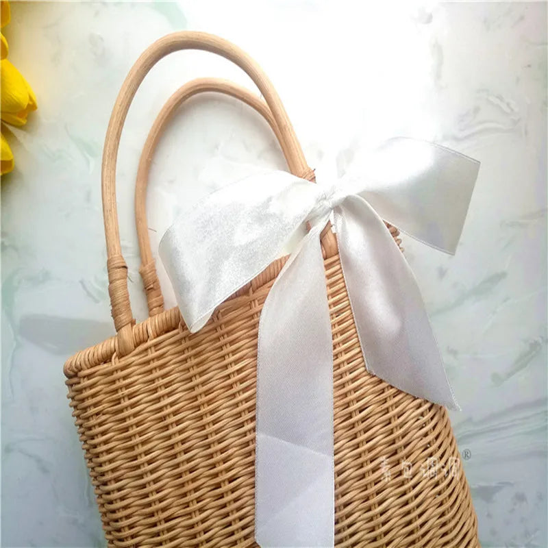 Rattan Handle Woven Bag Flowers Straw Bag Vacation Tote Beach Bag