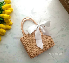 Rattan Handle Woven Bag Flowers Straw Bag Vacation Tote Beach Bag