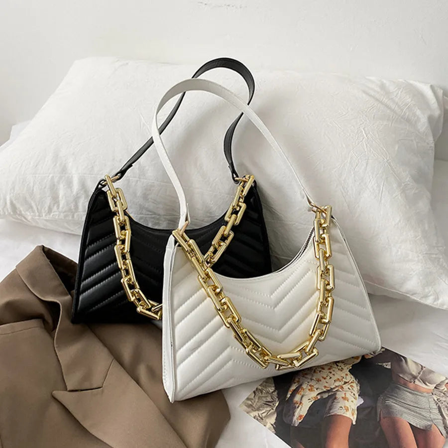 Embossed PU Leather Chain Shoulder Bag Zipper Underarm Bag