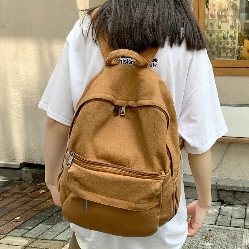 Solid Canvas College Student Backpack for Teenage Girl