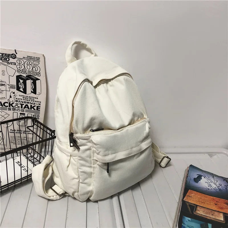 Solid Canvas College Student Backpack for Teenage Girl