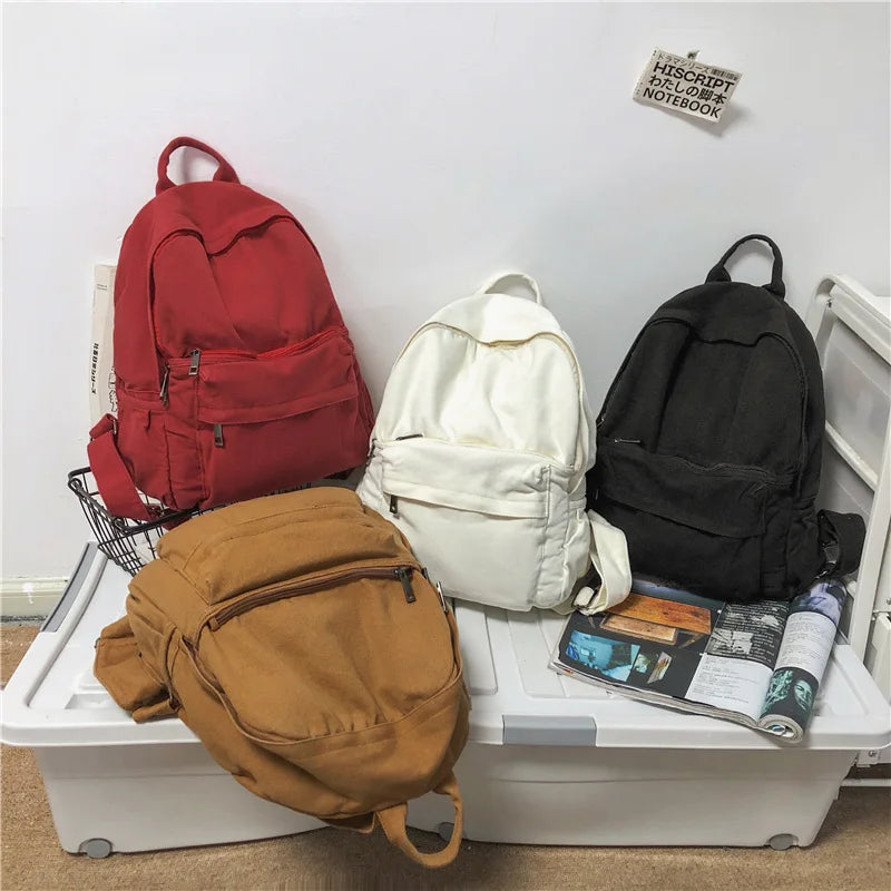 Solid Canvas College Student Backpack for Teenage Girl