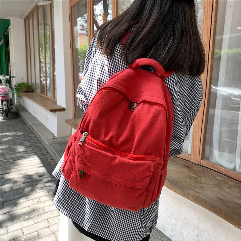 Solid Canvas College Student Backpack for Teenage Girl