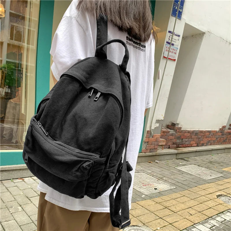 Solid Canvas College Student Backpack for Teenage Girl