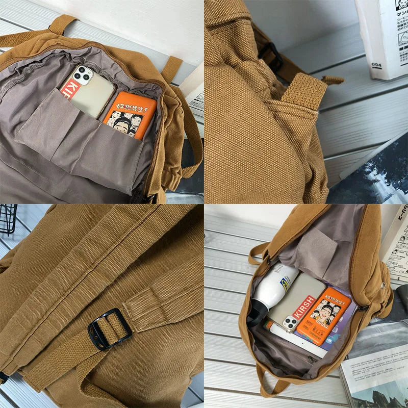 Solid Retro Women Backpack Washed Canvas Female Handbag Travel Rucksack