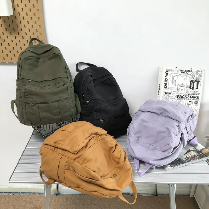 Solid Retro Women Backpack Washed Canvas Female Handbag Travel Rucksack
