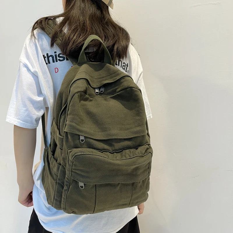 Solid Retro Women Backpack Washed Canvas Female Handbag Travel Rucksack