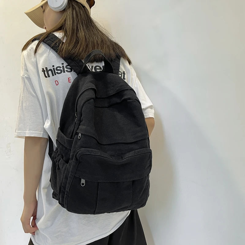 Solid Retro Women Backpack Washed Canvas Female Handbag Travel Rucksack