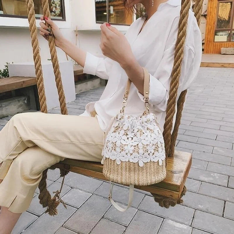 Women Lace Bucket Bag Causal Beach Shoulder Crossbody Bag