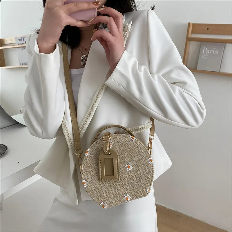 Geometric Pattern Straw Crossbody Bag for Women